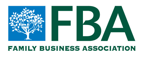 white tree in a light blue square with large green capitol letters FBA next to it, Family Business Association in green all caps underneath