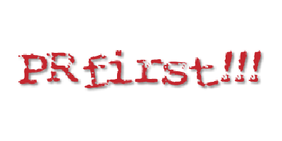 PR First logo - Red letters with 3 exclamation points